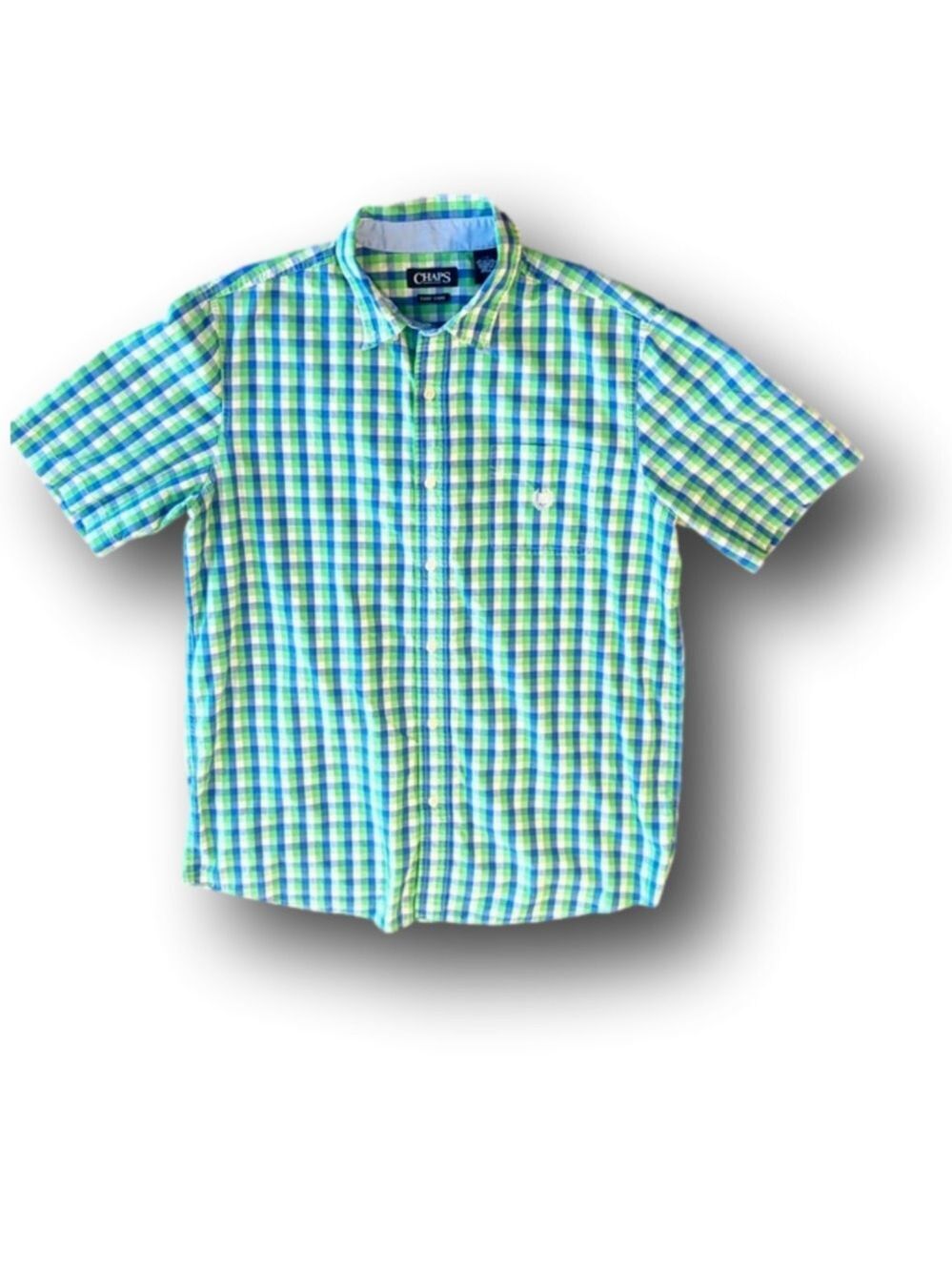 Plaid button down shirt featuring greens and Blues